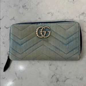 Gucci Light Blue Denim Chevron Wallet with Pearl Logo